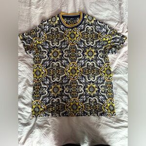 Dolce & Gabbana Baroque Tile Designer T-Shirt Graphic Pattern Navy Yellow 58